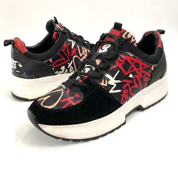 Michael Kors Womens Black Leather Graffiti Low Top Chunky Sneakers 8.5 M Lace Up